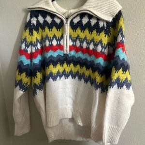 Aerie women’s quarter Zip wool blend sweater with Chevron Pattern fair isle